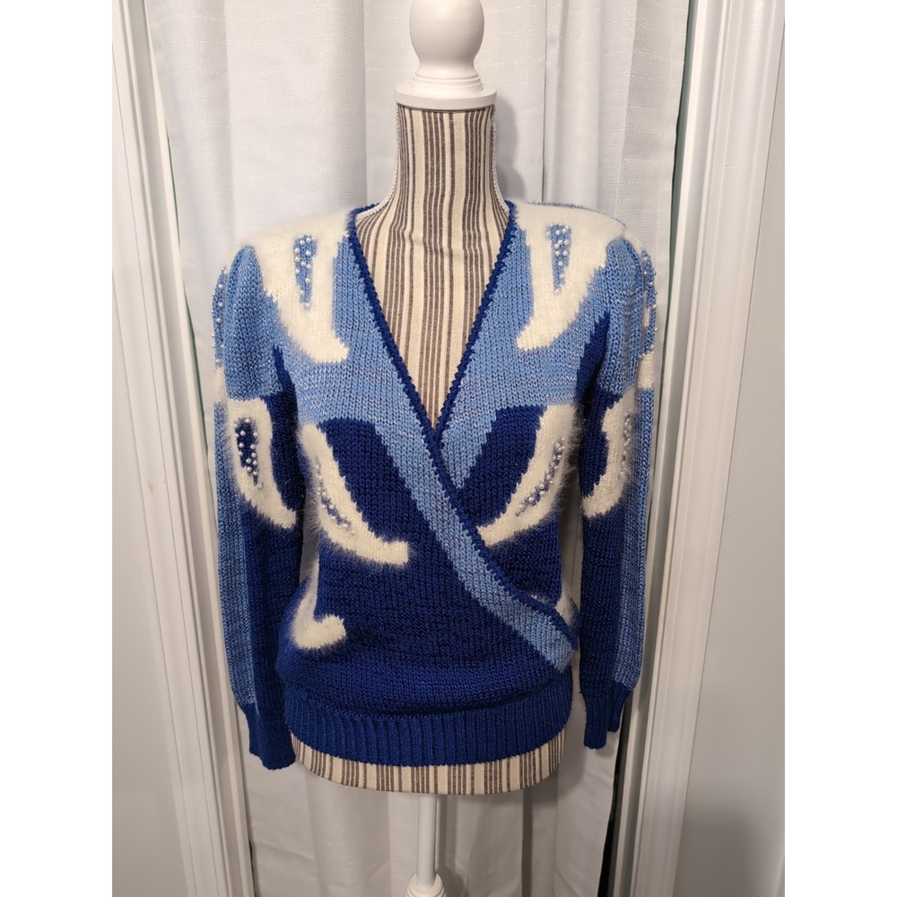 Vintage Christine Blue Angora Blend‎ Sweater Women's S V-Neck Beaded 80s